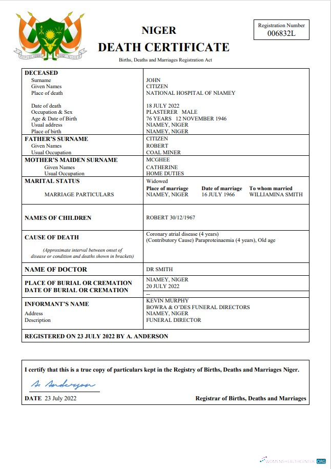 Download Niger death certificate Word and PDF template Photoshop template